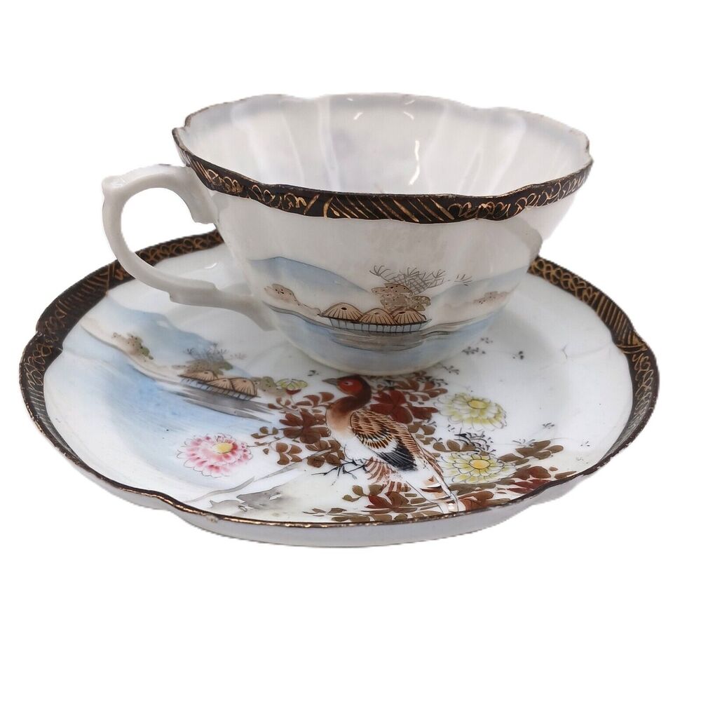 Vintage Japanese Kutani Egg Shell Porcelain Tea Cup & Saucer Hand Painted